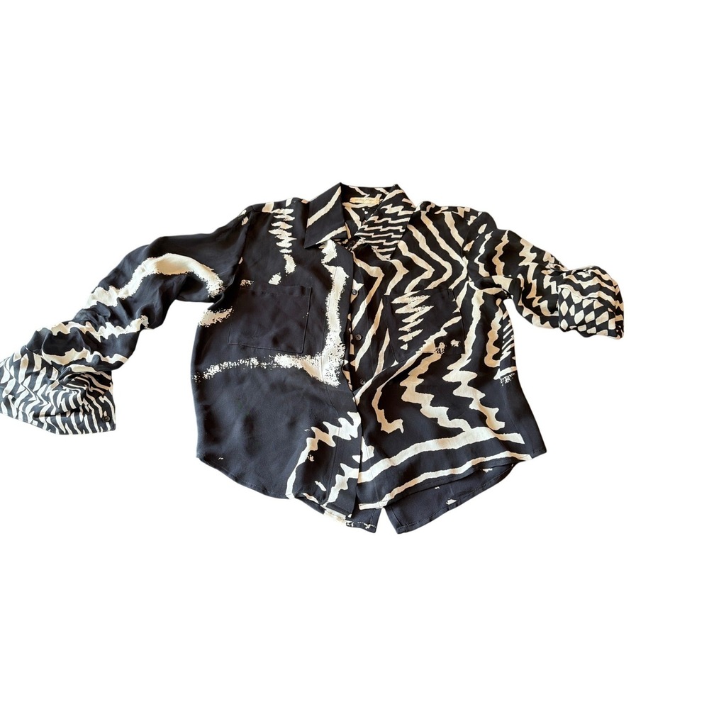 Chelsea Flower Silk Blouse Black White Abstract Zebra Print Roll Tab Sleeve XS